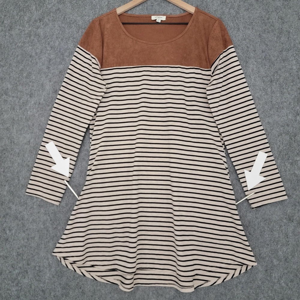 Umgee Dress Womens M Black White Stripe Brown Faux Suede‎ Elbow Patch Pockets - Picture 4 of 11